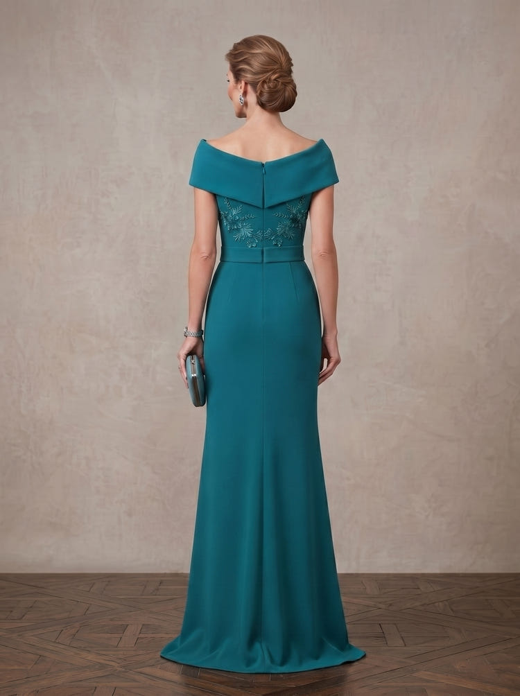 Jersey Mermaid Off Shoulder Maxi Mother of the Bride Dresses with Floral Lace Applique