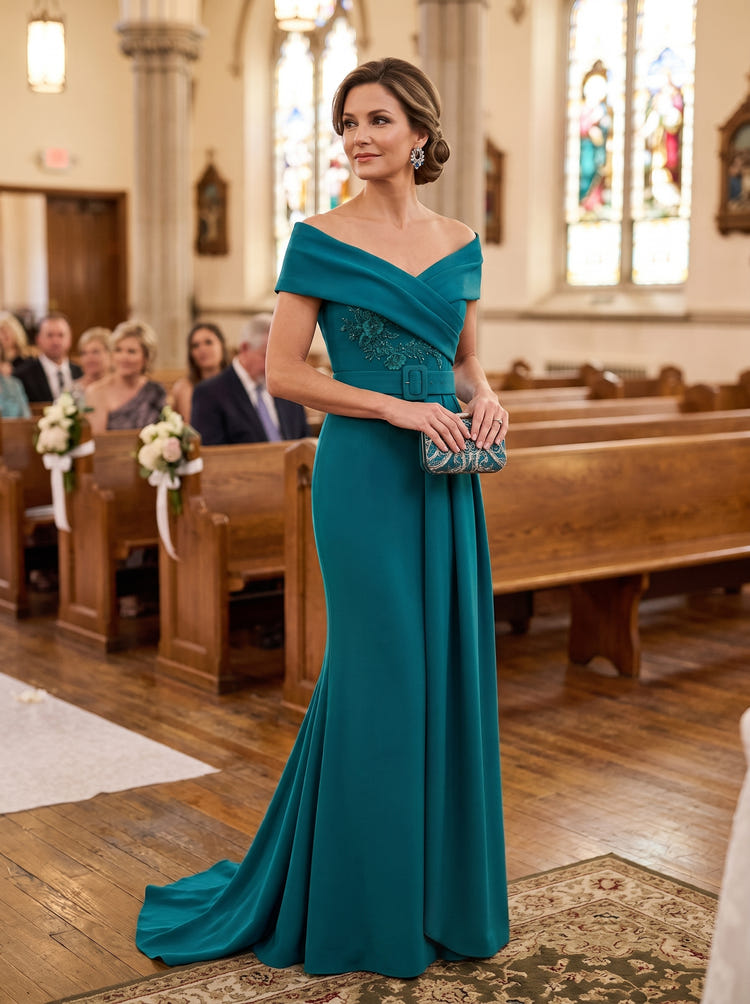 Jersey Mermaid Off Shoulder Maxi Mother of the Bride Dresses with Floral Lace Applique