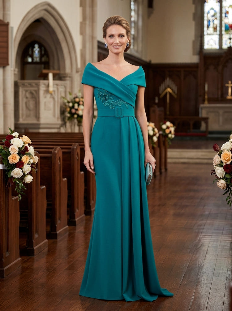 Jersey Mermaid Off Shoulder Maxi Mother of the Bride Dresses with Floral Lace Applique
