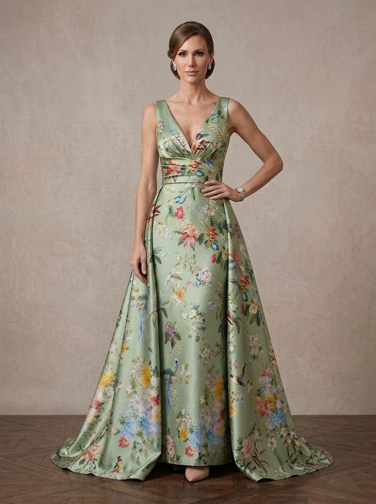 Long Satin Sheath V Neck Maxi Mother of the Bride Dresses with Floral Print & Train