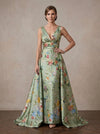 Long Satin Sheath V Neck Maxi Mother of the Bride Dresses with Floral Print & Train