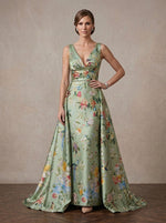 Long Satin Sheath V Neck Maxi Mother of the Bride Dresses with Floral Print & Train