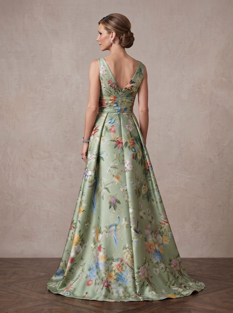 Long Satin Sheath V Neck Maxi Mother of the Bride Dresses with Floral Print & Train