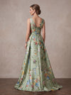 Long Satin Sheath V Neck Maxi Mother of the Bride Dresses with Floral Print & Train