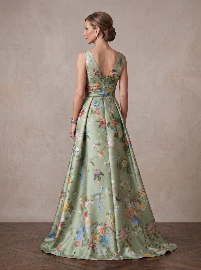 Long Satin Sheath V Neck Maxi Mother of the Bride Dresses with Floral Print & Train