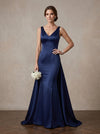 Satin Sheath V Neck Maxi Mother of the Bride Dresses with Wraps