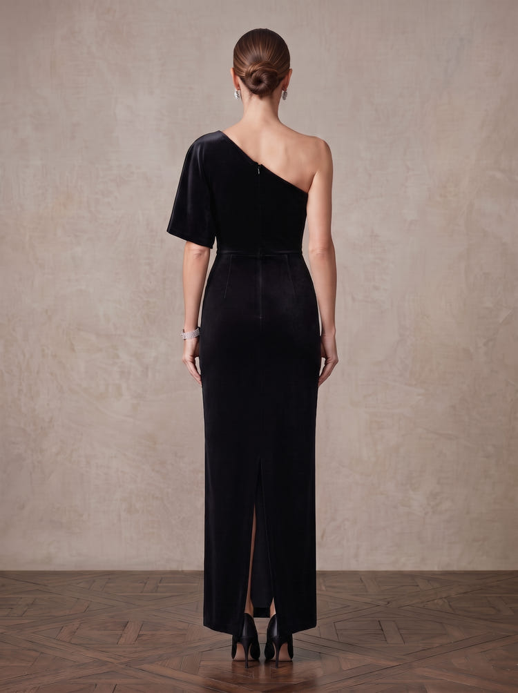 Velvet Sheath One Shoulder Maxi Mother of the Bride Dresses with Side Waist Ruched