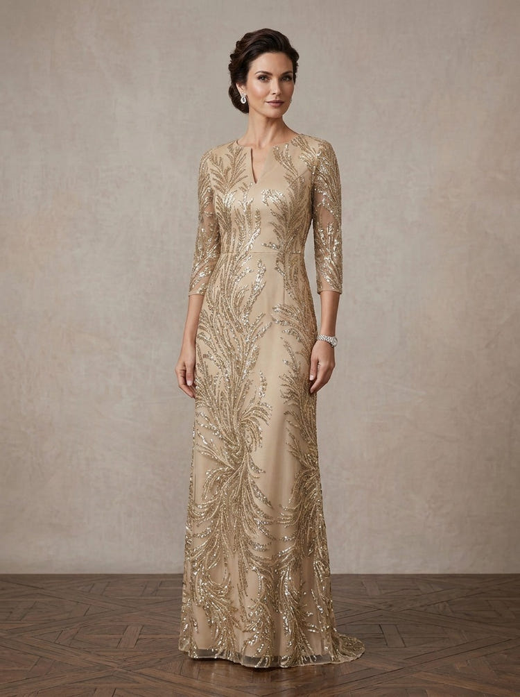 Mesh Sheath Asymmetric Neck Maxi Mother of the Bride Dresses with Feather‑Leaf Sequin Embroidery