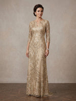 Mesh Sheath Asymmetric Neck Maxi Mother of the Bride Dresses with Feather‑Leaf Sequin Embroidery