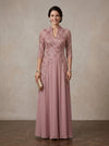 Chiffon A-Line Stand Collar Maxi Mother of the Bride Dresses with Feather‑Leaf Sequin Embroidery