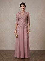 Chiffon A-Line Stand Collar Maxi Mother of the Bride Dresses with Feather‑Leaf Sequin Embroidery
