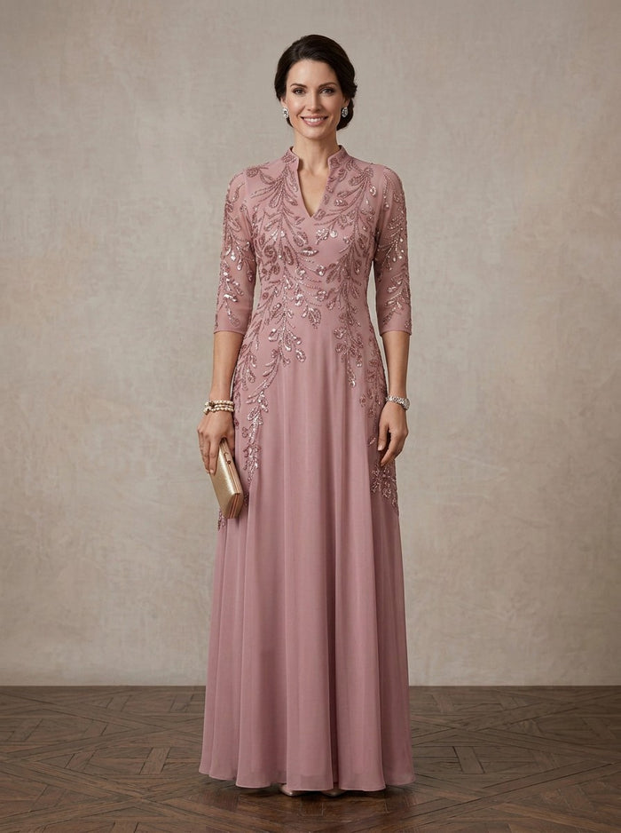Chiffon A-Line Stand Collar Maxi Mother of the Bride Dresses with Feather‑Leaf Sequin Embroidery