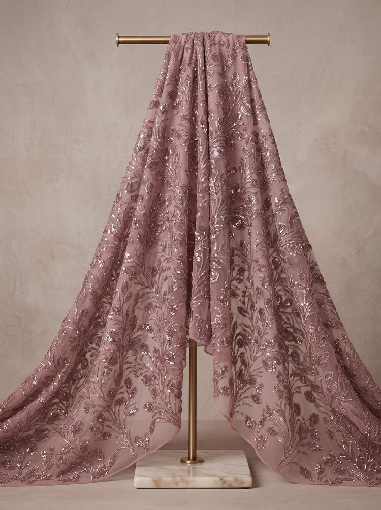 Chiffon A-Line Stand Collar Maxi Mother of the Bride Dresses with Feather‑Leaf Sequin Embroidery