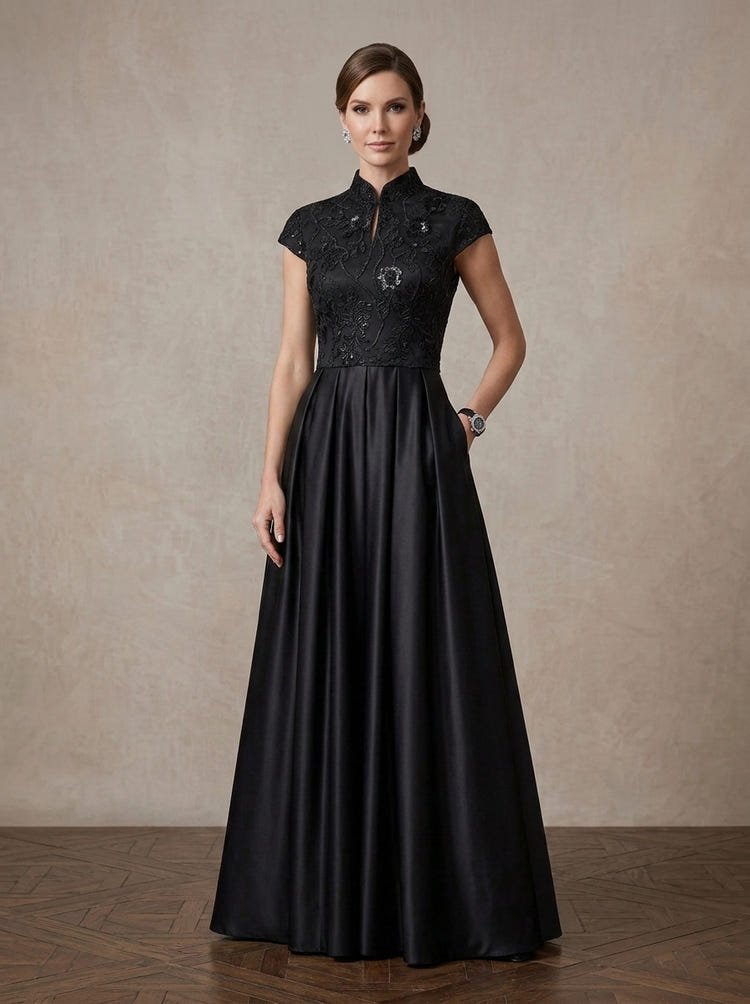 Satin A-Line Stand Collar Maxi Mother of the Bride Dresses with Feather‑Leaf Sequin Embroidery