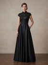 Satin A-Line Stand Collar Maxi Mother of the Bride Dresses with Feather‑Leaf Sequin Embroidery