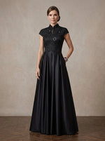 Satin A-Line Stand Collar Maxi Mother of the Bride Dresses with Feather‑Leaf Sequin Embroidery