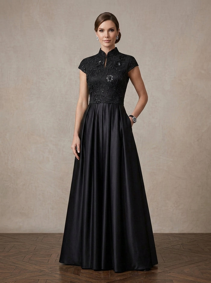 Satin A-Line Stand Collar Maxi Mother of the Bride Dresses with Feather‑Leaf Sequin Embroidery