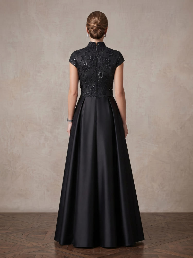 Satin A-Line Stand Collar Maxi Mother of the Bride Dresses with Feather‑Leaf Sequin Embroidery