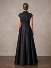 Satin A-Line Stand Collar Maxi Mother of the Bride Dresses with Feather‑Leaf Sequin Embroidery