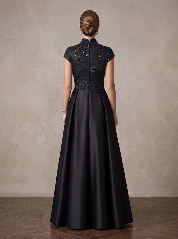 Satin A-Line Stand Collar Maxi Mother of the Bride Dresses with Feather‑Leaf Sequin Embroidery