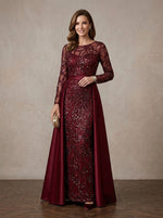 Mesh Sheath Crew Neck Maxi Mother of the Bride Dresses with Feather‑Leaf Sequin Embroidery