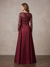 Mesh Sheath Crew Neck Maxi Mother of the Bride Dresses with Feather‑Leaf Sequin Embroidery