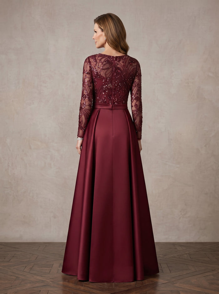 Mesh Sheath Crew Neck Maxi Mother of the Bride Dresses with Feather‑Leaf Sequin Embroidery