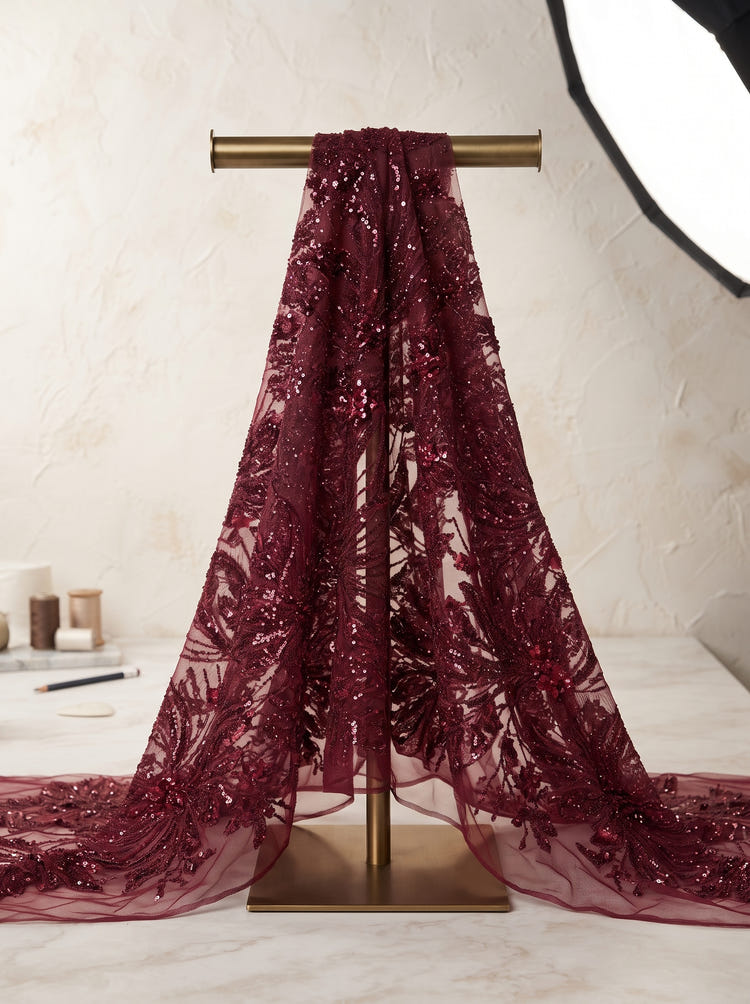 Mesh Sheath Crew Neck Maxi Mother of the Bride Dresses with Feather‑Leaf Sequin Embroidery