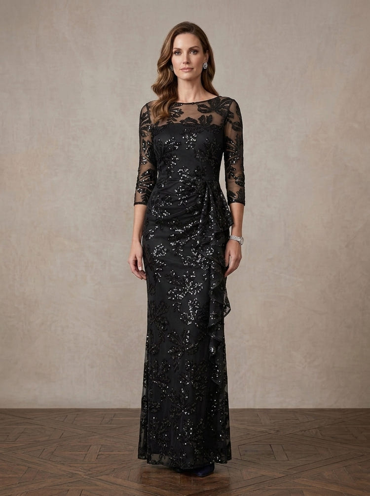 Mesh Sheath Boat Neck Maxi Mother of the Bride Dresses with Draped Side Sash
