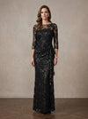 Mesh Sheath Boat Neck Maxi Mother of the Bride Dresses with Draped Side Sash