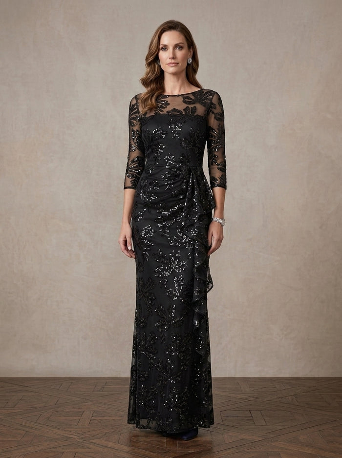 Mesh Sheath Boat Neck Maxi Mother of the Bride Dresses with Draped Side Sash