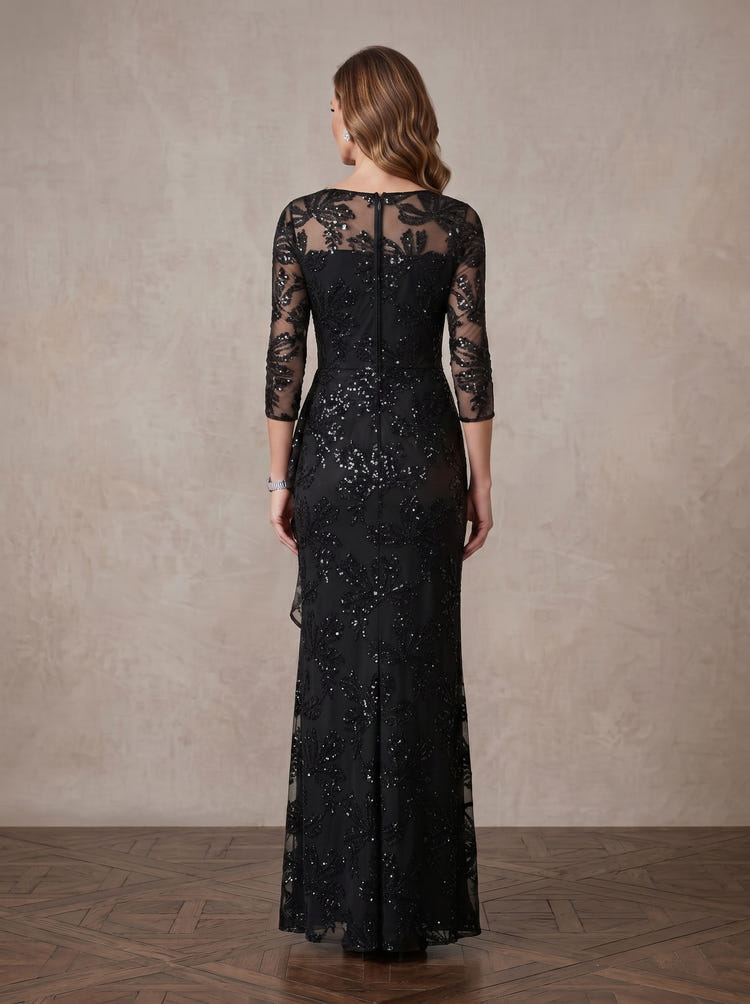 Mesh Sheath Boat Neck Maxi Mother of the Bride Dresses with Draped Side Sash