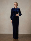 Velvet Sheath Peter Pan Collar Maxi Mother of the Bride Dresses with Belt