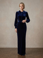 Velvet Sheath Peter Pan Collar Maxi Mother of the Bride Dresses with Belt