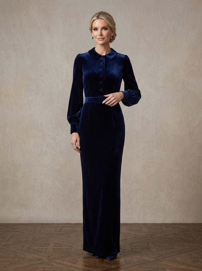 Velvet Sheath Peter Pan Collar Maxi Mother of the Bride Dresses with Belt