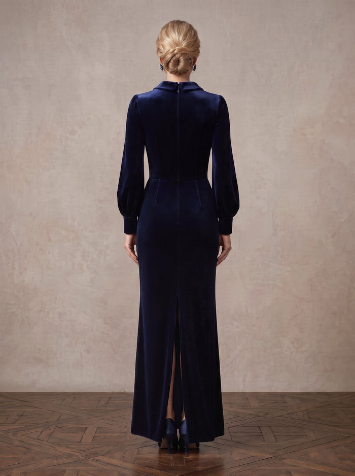 Velvet Sheath Peter Pan Collar Maxi Mother of the Bride Dresses with Belt