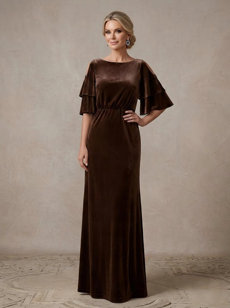 Velvet Sheath Boat Neck Maxi Mother of the Bride Dresses with Cold‑Shoulder Cutout