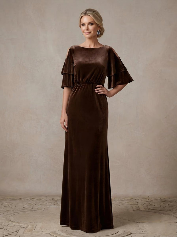 Velvet Sheath Boat Neck Maxi Mother of the Bride Dresses with Cold‑Shoulder Cutout