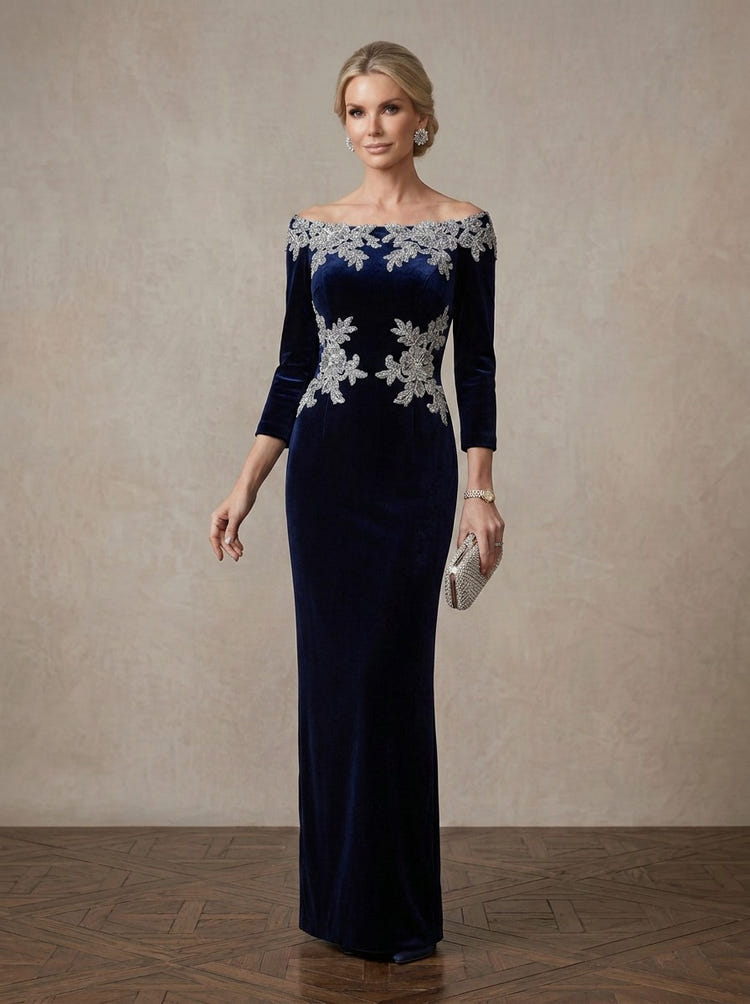 Off Shoulder Velvet Mother of the Bride Dresses Lace Appliqué Evening Gown, Elegant Long Sleeves Formal Wedding Guest Dresses