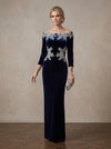 Off Shoulder Velvet Mother of the Bride Dresses Lace Appliqué Evening Gown, Elegant Long Sleeves Formal Wedding Guest Dresses