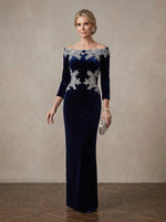 Off Shoulder Velvet Mother of the Bride Dresses Lace Appliqué Evening Gown, Elegant Long Sleeves Formal Wedding Guest Dresses