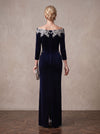 Off Shoulder Velvet Mother of the Bride Dresses Lace Appliqué Evening Gown, Elegant Long Sleeves Formal Wedding Guest Dresses