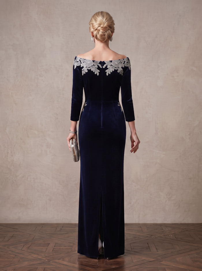 Off Shoulder Velvet Mother of the Bride Dresses Lace Appliqué Evening Gown, Elegant Long Sleeves Formal Wedding Guest Dresses
