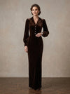 Velvet Sheath Notched Lapel Blazer Collar Maxi Mother of the Bride Dresses with Front Faux‑Pearl Decorative Buttons