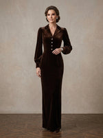 Velvet Sheath Notched Lapel Blazer Collar Maxi Mother of the Bride Dresses with Front Faux‑Pearl Decorative Buttons