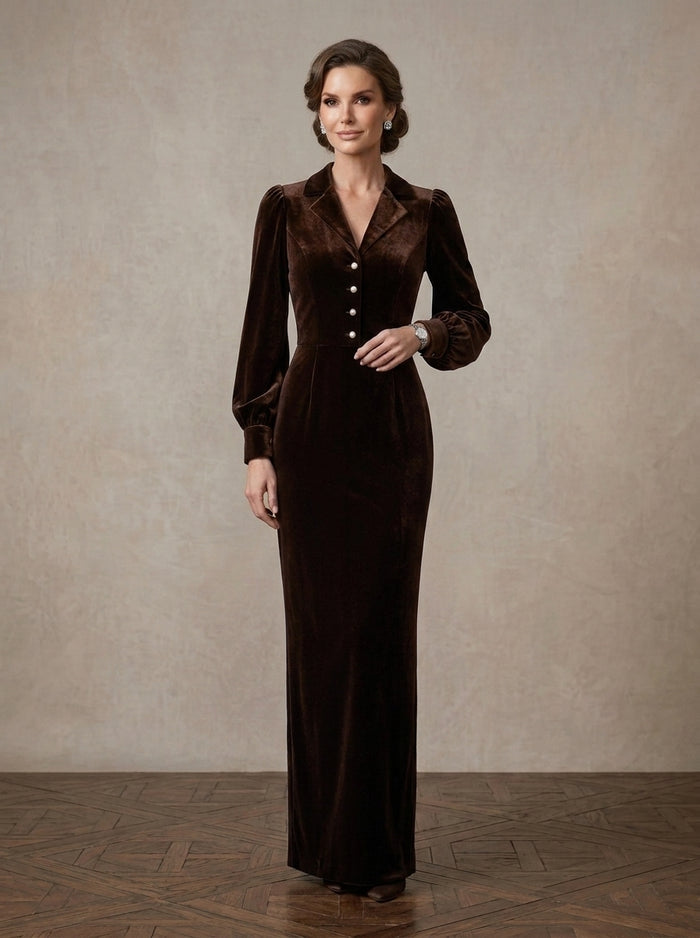 Velvet Sheath Notched Lapel Blazer Collar Maxi Mother of the Bride Dresses with Front Faux‑Pearl Decorative Buttons