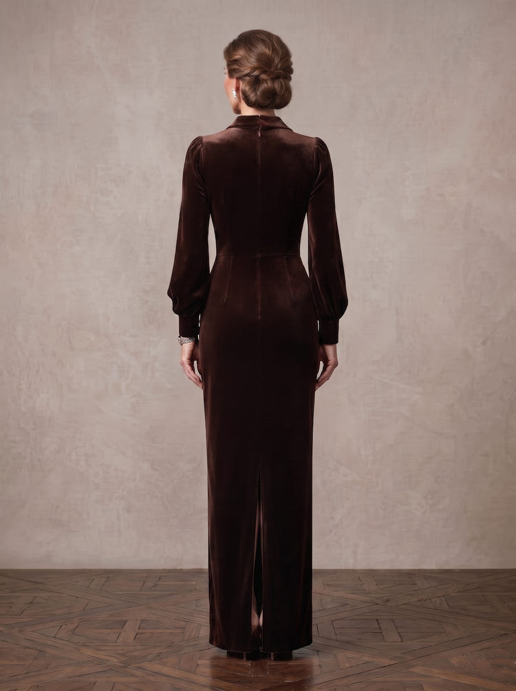 Velvet Sheath Notched Lapel Blazer Collar Maxi Mother of the Bride Dresses with Front Faux‑Pearl Decorative Buttons