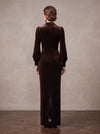 Velvet Sheath Notched Lapel Blazer Collar Maxi Mother of the Bride Dresses with Front Faux‑Pearl Decorative Buttons