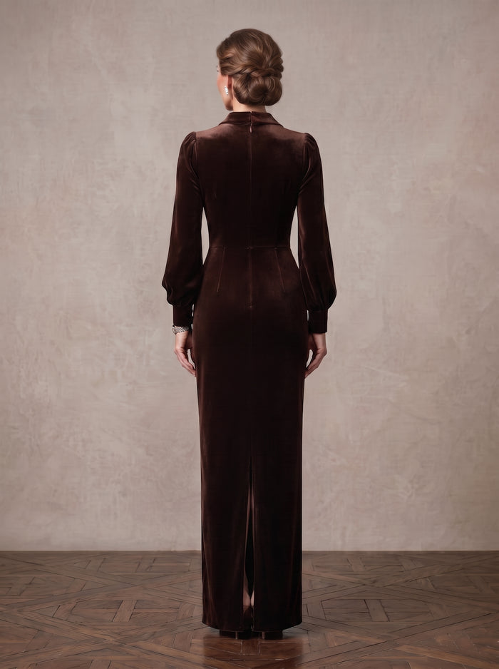 Velvet Sheath Notched Lapel Blazer Collar Maxi Mother of the Bride Dresses with Front Faux‑Pearl Decorative Buttons