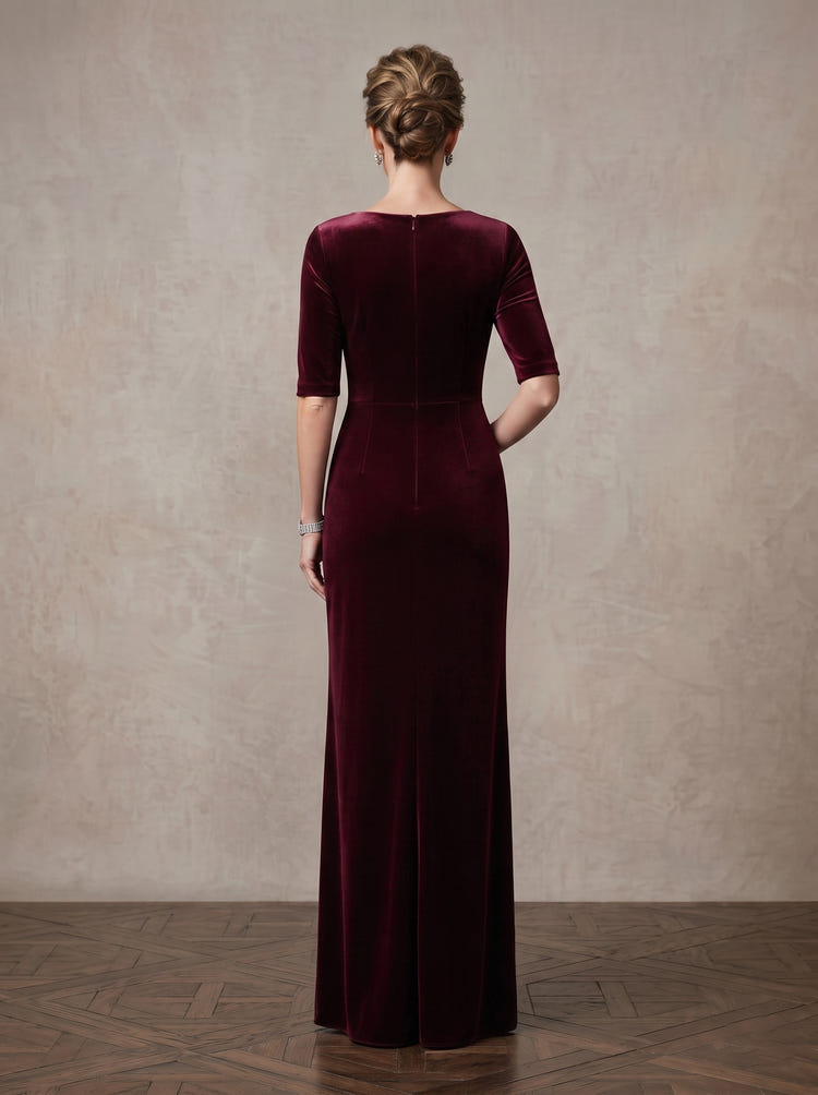 Velvet Sheath Boat Neck Maxi Mother of the Bride Dresses with Side Waist Ruched